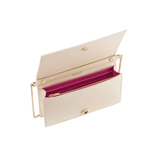 Bvlgari Logo chain wallet in Ivory Opal white calf leather with hot stamped Infinitum Bvlgari logo pattern and plain Pink Spinel nappa leather lining. Light gold-plated brass hardware BVL-CHAINWALLETb image 2