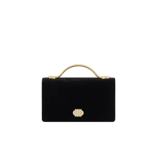 Tubogas Top Handle bag in black velvet with black nappa leather lining. Iconic Tubogas handle in gold-finished brass with Parentesi details and clasp closure, both set with zirconia. 295644 image 1