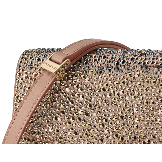 Serpenti Forever East-West small shoulder bag in desert rose suede with multi-sized dégradé rose gold crystals and desert quartz pink nappa leather lining. Captivating snakehead magnetic closure in light gold-plated brass embellished with "diamantatura" engraving on the scales, and black onyx eyes. Chinese New Year Special Edition. 293035 image 5