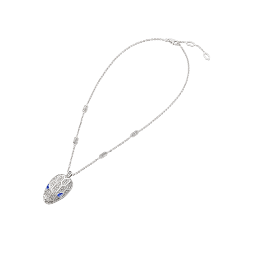 Serpenti necklace in 18 kt white gold set with blue sapphire eyes and pavé diamonds on both the chain and the pendant. 353529 image 2