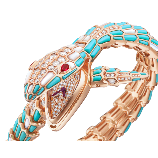 Serpenti Secret Watch with 18 kt rose gold head and single spiral bracelet, both set with brilliant cut diamonds, turquoise and mother-of-pearl elements, ruby eyes, 18 kt rose gold case, 18 kt rose gold dial set with brilliant cut diamonds and mother-of-pearl. 102533 image 2
