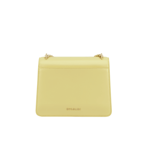 "Serpenti Forever" small maxi chain crossbody bag in peach nappa leather, with Lavander Amethyst lilac nappa leather internal lining. New Serpenti head closure in gold plated brass, finished with small pink mother-of-pearl scales in the middle and red enamel eyes. 1134-MCNa image 3