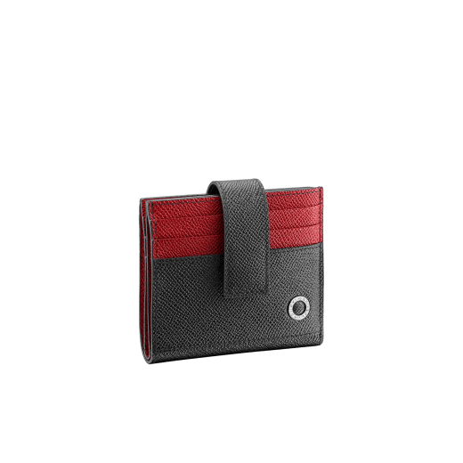 "BVLGARI BVLGARI" card holder in black and ruby red grain calf leather. Iconic logo decoration in palladium plated brass. 290070 image 1