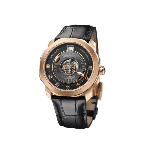 Octo Roma Papillon Central Tourbillon with mechanical manufacture movement, manual winding, central flying tourbillon, minutes indication with two 18 kt rose gold Papillon hands, 24-hour jumping hour, ceramic ball bearing system, 18 kt rose gold case, black matt dial, tourbillon cage and Papillon system opening, transparent sapphire caseback, matt black alligator bracelet and 18 kt rose gold folding clasp. Water-resistant up to 50 metres 103475 image 2