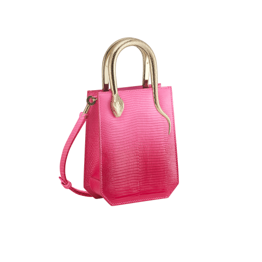 Serpentine mini tote bag in beetroot spinel fuchsia degradé lizard skin with azalea quartz pink nappa leather lining. Captivating snake body-shaped handles in light gold-plated brass embellished with engraved scales and red enamel eyes. SRN-1223-LD image 2
