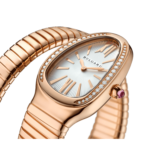Serpenti Tubogas single spiral watch with 18 kt rose gold case set with brilliant-cut diamonds, silver opaline dial and 18 kt rose gold bracelet 103003 image 2