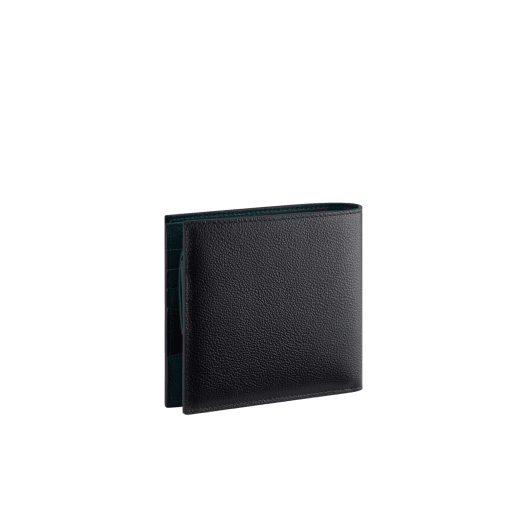 Bvlgari Bvlgari Man compact wallet in black Urban grain calf leather with forest emerald green Urban grain calf leather interior. Iconic dark ruthenium plated-brass décor enamelled in matte black, and folded closure. BBM-WLTITALASYMa image 3