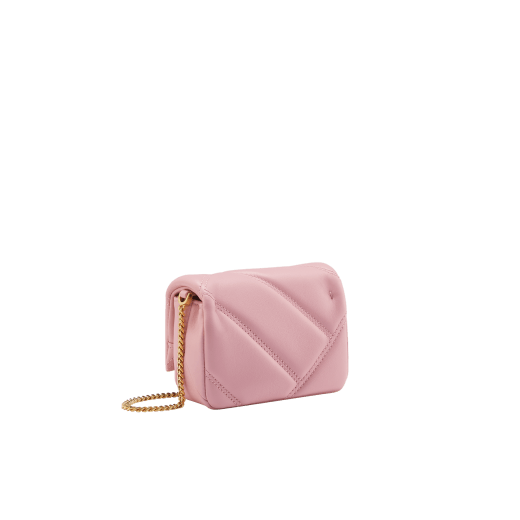 Serpenti Cabochon micro bag in primrose quartz pink calf leather with a maxi quilted pattern and anemone spinel pinkish-red nappa leather interior. Captivating magnetic snakehead closure in light gold-plated brass embellished with red enamel eyes. SCB-NANOCABOCHONc image 2