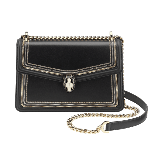 “Serpenti Diamond Blast” shoulder bag in black smooth calf leather, featuring a 3-Chain motif in light gold and palladium finishing. Iconic snakehead closure in light gold plated brass enriched with black and white enamel and black onyx eyes 922-3CFCL image 1