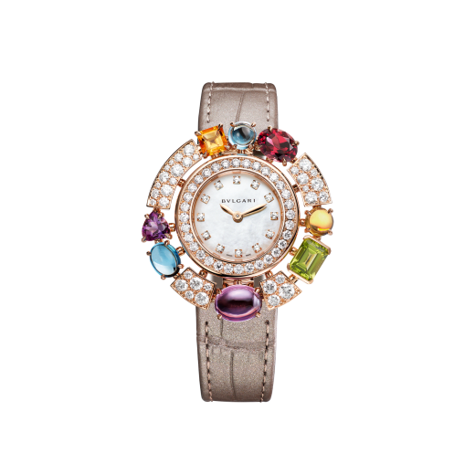 Allegra watch with 18 kt rose gold case set with brilliant-cut diamonds, 2 citrine, 2 amethysts, 2 blue topazes, a peridot and a rhodolite, mother-of-pearl dial, 12 diamond indexes and taupe shimmering alligator bracelet. Water resistant up to 30 metres 103493 image 1