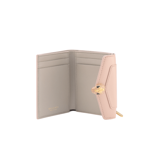 Serpenti Forever chain wallet in light gold Striated calf leather with linen agate nappa leather interior. Captivating snakehead press-button closure in light gold-plated brass embellished with black enamel and light gold-plated brass scales, and black onyx eyes. SEA-SLIM-COMPACT-R image 2