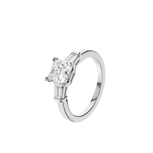 Griffe solitaire ring in platinum with princess cut diamond and two side diamonds. Available in 1 ct. A classic setting that allows the beauty and the pureness of the solitaire diamond to assert itself. 338560 image 1