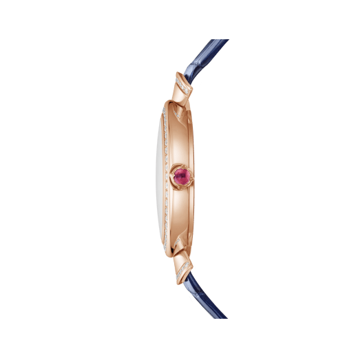 Divas' Dream watch with 18 kt rose gold case, 18 kt rose gold bezel and fan-shaped links both set with round brilliant-cut diamonds, lapis lazuli dial, diamond indexes and blue alligator bracelet 103261 image 3
