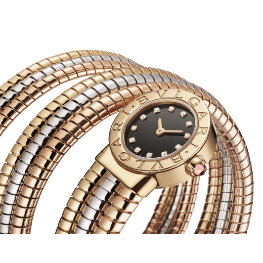 Bvlgari Bvlgari Tubogas watch with 18 kt yellow gold case and double logo engraving on the bezel, black lacquered dial, diamond indexes, and double-spiral mini Tubogas bracelet in 18 kt yellow, white and rose gold. Water-resistant up to 50 metres. 103776 image 2