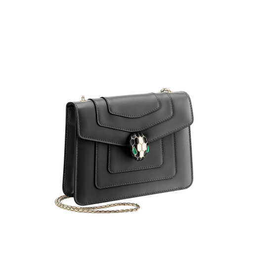 Shoulder bag Serpenti Forever in emerald green calf leather with brass light gold plated Serpenti head closure in black and white enamel with eyes in malachite. 422-CLa image 2