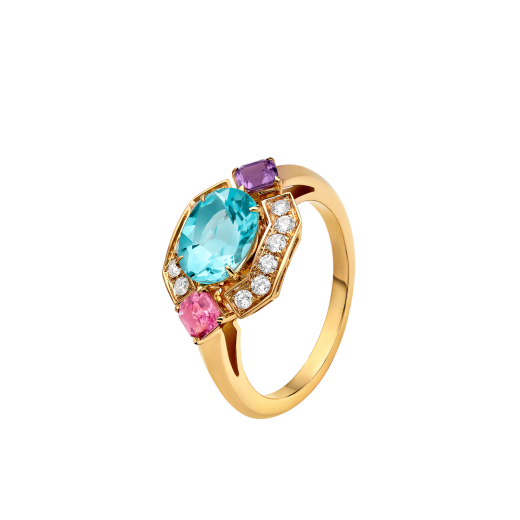 Allegra 18 kt yellow gold ring set with an aquamarine, an amethyst, a pink tourmaline and pavé diamonds AN860115 image 1