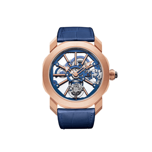 Octo Roma Tourbillon Sapphire watch with mechanical manufacture movement, manual winding and flying tourbillon, 44 mm 18 kt rose gold case, sapphire middle case, blue caliber decorated with 18 kt rose gold indexes on the bridges, blue alligator bracelet and 18 kt rose gold folding clasp 103157 image 1