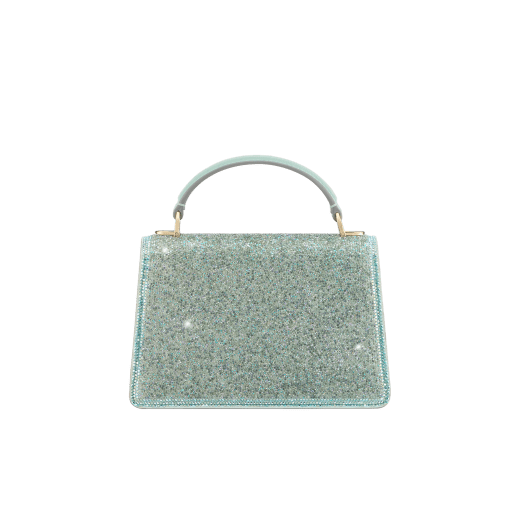 Serpenti Forever mini top handle bag with acquamarine crystals inserts hand-set on suede leather and aquamarine nappa leather lining. Captivating snakehead magnetic closure in light gold-plated brass embellished with light blue zirconia pavé and light gold-plated brass scales, and black onyx eyes. 293889 image 2