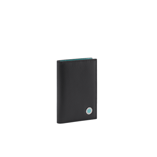 BULGARI BULGARI Man vertical card holder in soft black full-grain calf leather with watercolor opal light blue nappa leather interior. Iconic palladium-plated brass embellishment with watercolor opal light blue enamel, and folded closure. 292675 image 1