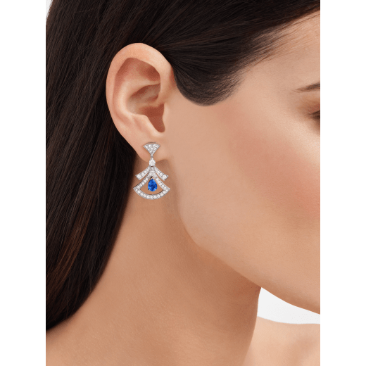 DIVAS' DREAM 18 kt white gold openwork earrings, set with pear-shaped sapphires, round brilliant-cut and pavé diamonds. 357324 image 2