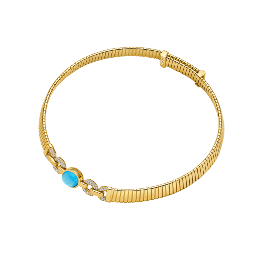 Bvlgari Tubogas 18 kt yellow gold necklace set with a central blue topaz and pavé diamonds. One size with adjustable fastening. 361996 image 2