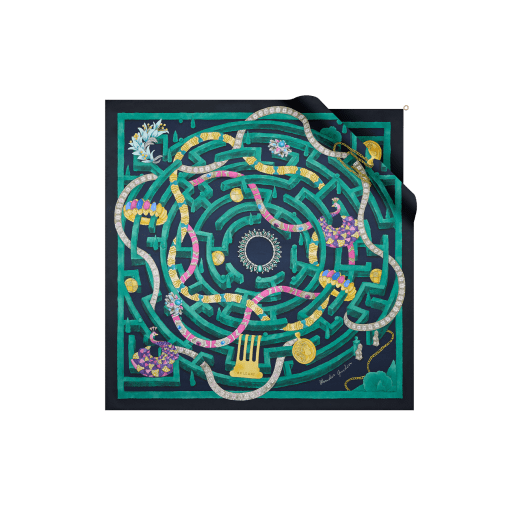Wonder Garden scarf in fine Eden green silk twill with a BVLGARI BVLGARI metal pendant. Made of 100% silk. WONDERGARDEN-SQ image 1