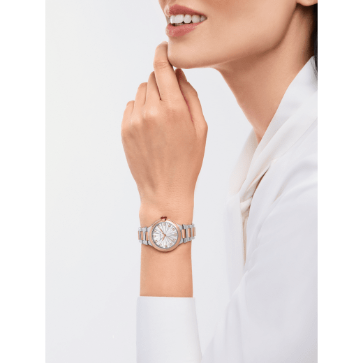 Lvcea watch in 18 kt rose gold and polished, satin-brushed stainless steel with automatic movement, white mother-of-pearl intarsio dial and 12 diamond indexes. Water-resistant up to 50 metres 103730 image 1