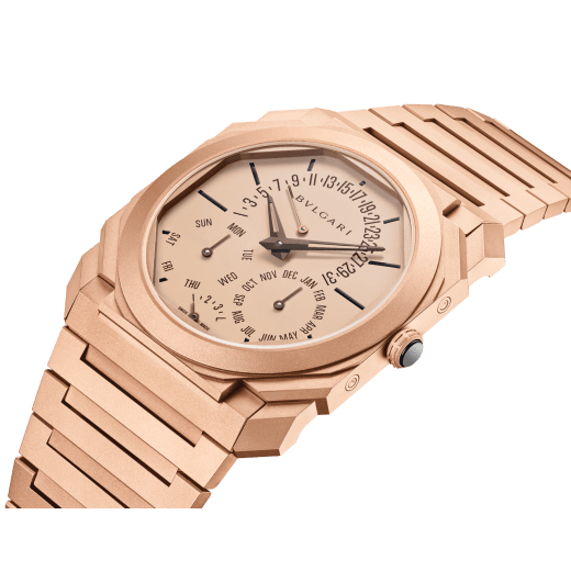 Octo Finissimo Perpetual Calendar watch with mechanical manufacture ultra-thin movement (2.75 mm thin), automatic winding, perpetual calendar, sandblasted 18 kt rose gold case and bracelet, rose gold dial, brown hands and indexes. Water resistant up to 30 metres 104175 image 2