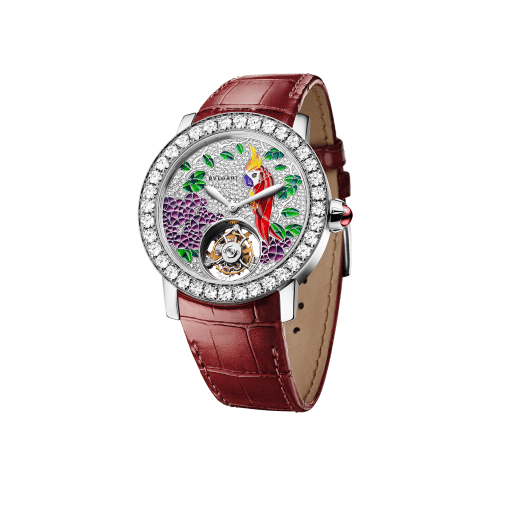 BVLGARI BVLGARI watch with mechanical manufacture movement, automatic winding, see-through tourbillon and sapphire bridge. 18kt white gold case set with brilliant-cut diamonds, demi pavé dial hand-decorated with peinture miniature motifs of a parrot, flowers and leaves, and red alligator bracelet 102405 image 1