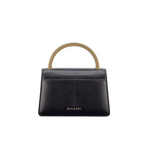 Mini borsa a mano Serpenti Pallini in lucertola nera con fodera in nappa nera. Accattivante impugnatura Pallini in ottone placcato oro e chiusura magnetica Serpenti in ottone placcato oro con pavé di zirconi e occhi in onice nera. 295058 image 2