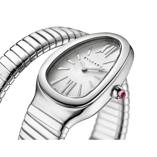 Serpenti Tubogas Uhr mit einfach geschwungenem Armband, Gehäuse und Armband aus Edelstahl und silberfarbenem Opalin-Zifferblatt. Großes Modell. SrpntTubogas-white-dial1 image 2
