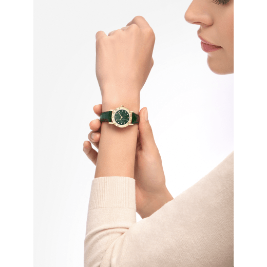 Bvlgari Bvlgari 50th Anniversary Limited Edition watch with 18 kt yellow gold case and bezel engraved with BVLGARI ROMA logo, Verde Alpi green marble dial, 12 diamond indexes and dark green alligator bracelet. Water-resistant up to 30 metres 104111 image 1