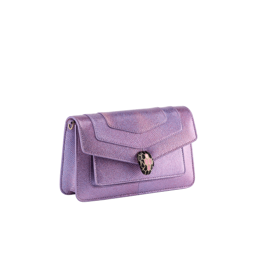 Serpenti Forever East-West small shoulder bag in sheer amethyst lilac Gleamy karung skin with primrose quartz pink nappa leather lining. Captivating magnetic snakehead closure in light gold-plated brass, embellished with black and pearled pinkish lilac enamel scales and black onyx eyes. 292791 image 2