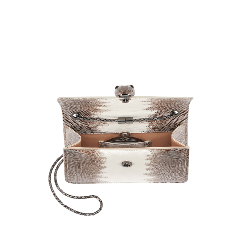 Serpenti Forever small crossbody bag in white agate shiny lizard skin with beige and grey shades, and with caramel topaz beige nappa leather lining. Captivating snakehead closure in dark ruthenium-plated brass embellished with brown-green and ivory opal enamel scales and black onyx eyes. 422-L image 4
