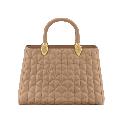 Serpentine Day Duo top handle bag in black calf leather with Calla matelassé motif and black nappa leather lining. Captivating double-head snake body-shaped handles in gold-plated brass embellished with matching calf leather inserts. SRN-001-1315M image 2