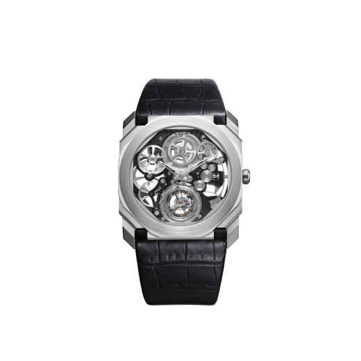 Octo Finissimo Tourbillon Squelette watch with ultra-thin mechanical skeleton movement, manual winding and ball-bearings system, platinum case, transparent dial and black alligator bracelet. 102719 image 1