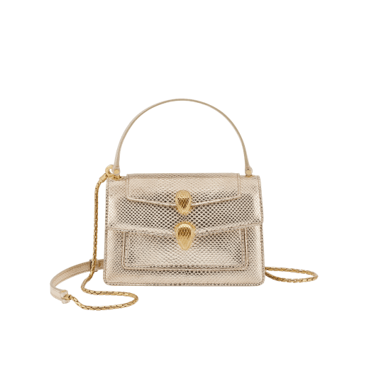 Alexander Wang x Bulgari belt bag in light gold Molten karung skin with black nappa leather lining. Exclusively redesigned double Serpenti head clasp in antique gold-plated brass with seductive red enamel eyes. 291188 image 1