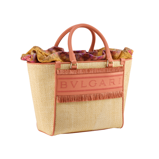 Bulgari Logo medium tote bag in beige raffia with coral carnelian orange calf leather details and customisable tag with hot stamped "Saudi" inscription on one side, coral carnelian orange raffia fringes and beetroot spinel fuchsia nappa leather lining. Iconic Bulgari logo stitched motif, detachable satin satchel with multicoloured print outside and beetroot spinel fuchsia inside, and drawstring closure with captivating snakeheads in light gold-plated brass. Special Resort Edition exclusive to Saudi Arabia. 292510 image 7
