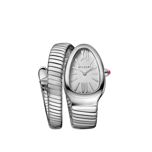 Serpenti Tubogas single spiral watch in stainless steel case and bracelet, with silver opaline dial. Large size. SrpntTubogas-white-dial1 image 1