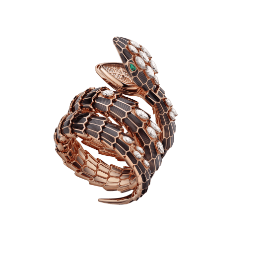 Serpenti Secret Watch with 18 kt rose gold head and double spiral bracelet, both coated with black lacquer and set with marquise cut diamonds, emerald eyes, 18 kt rose gold case and 18 kt rose gold dial set with brilliant cut diamonds. 102526 image 1