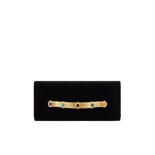 Pochette de soirée Bvlgari Tubogas Cabochon en velours noir avec doublure en cuir nappa noir. Poignée Tubogas emblématique en laiton doré ornée de pierres colorées taille cabochon, de zircones et d’un fermoir magnétique. TGC-001-1393S-velvet image 1