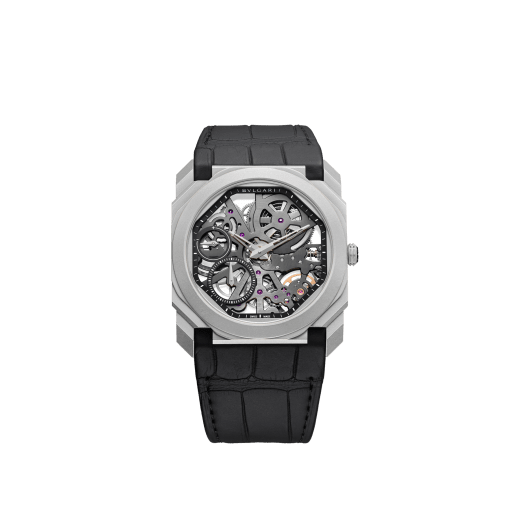 Octo Finissimo watch with ultra-thin skeletonized mechanical manufacture movement, manual winding and small seconds, titanium case, transparent dial and black alligator bracelet 102714 image 1