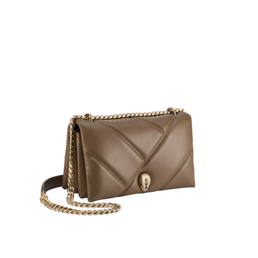Serpenti Cabochon small shoulder bag in Roman granite brown soft calf leather with a maxi matelassé pattern and emerald green nappa leather lining. The bag features a captivating magnetic snakehead closure in light gold-plated brass embellished with gray mother-of-pearl scales, red enamel eyes and transformable chain strap. 1295-MSM image 2