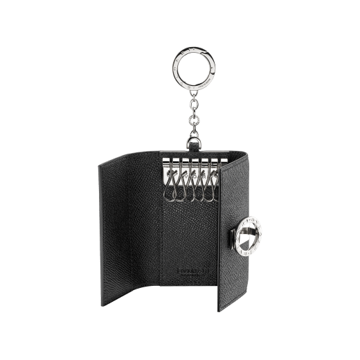 Bulgari Clip keyholder in fudge amethyst brown grain calf leather with butter onyx beige grain calf leather interior and edges, and light cream moiré lining. Iconic palladium-plated brass clip and folded closure. BCM-KEY-HOLD-CLASPa image 2