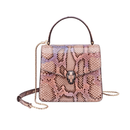 Serpenti Forever top handle bag in multicolour Early Bright python skin with caramel topaz beige nappa leather lining. Captivating snakehead closure in light gold-plated brass embellished with black and caramel topaz beige enamel scales and black onyx eyes. 291721 image 1