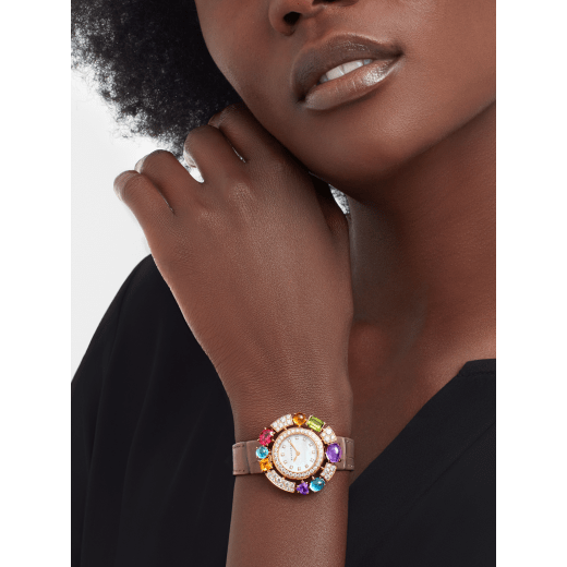 Allegra watch with 18 kt rose gold case set with brilliant-cut diamonds, 2 citrine, 2 amethysts, 2 blue topazes, a peridot and a rhodolite, mother-of-pearl dial, 12 diamond indexes and taupe shimmering alligator bracelet. Water resistant up to 30 metres 103493 image 1