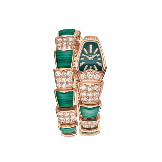 Serpenti Jewellery Watch with 18 kt rose gold case set with brilliant cut diamonds, green lacquered dial, diamond indexes and 18 kt rose gold single spiral bracelet set with brilliant cut diamonds and malachite elements. 102678 image 1
