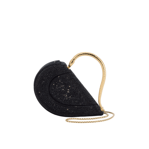 Serpenti Cuore 1968 top handle bag with gold Neige Pavé Crystals applied on a suede base and bright travertino nappa internal lining. Captivating snake body-shaped top handle in gold-plated brass embellished with engraved scales and zirconia eyes; press-button closure. SRN-001-1326S-CRYS image 1
