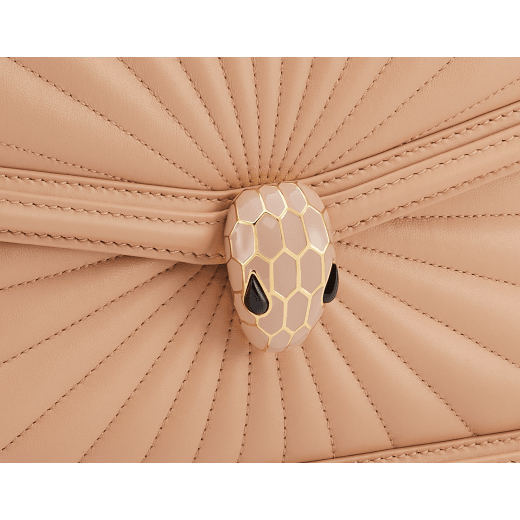 Serpenti Diamond Blast small shoulder bag in ivory opal Sunshine quilted nappa leather with black nappa leather lining. Captivating snakehead closure in light gold-plated brass embellished with matte and shiny ivory opal enamel scales and black onyx eyes. 922-SQ image 6