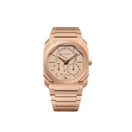 Octo Finissimo Perpetual Calendar watch with mechanical manufacture ultra-thin movement (2.75 mm thin), automatic winding, perpetual calendar, sandblasted 18 kt rose gold case and bracelet, rose gold dial, brown hands and indexes. Water resistant up to 30 metres 104175 image 1